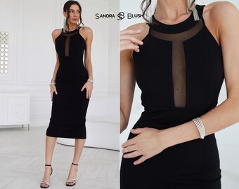 Black Bodycon Midi Dress, Black Knitted Midi Dress, Knitted Midi Bodycon Sexy Dress, Body-Sculpting Dress, Figure Flattering Women's Dress