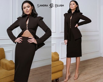 Black 2-Piece Formal Midi Pencil Skirt Suit And Deep V Elongated Fitted Jacket With Long Sleeves. Festive Stylish Skirt SuitSuit. Business