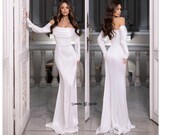 White Corset Maxi Dress with Off Shoulder Sleeves, Milk Satin Wedding Gown, Elegant Bridal Evening Dress for Civil Ceremony