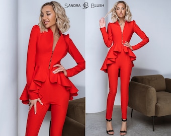 Red Peplum Suit, Basque Blazer Suit, Suit With Basque, Peplum Suit, Peplum Blazer, Red Peplum Suit, Red Women Suit, Red Dressy Suit, Suit