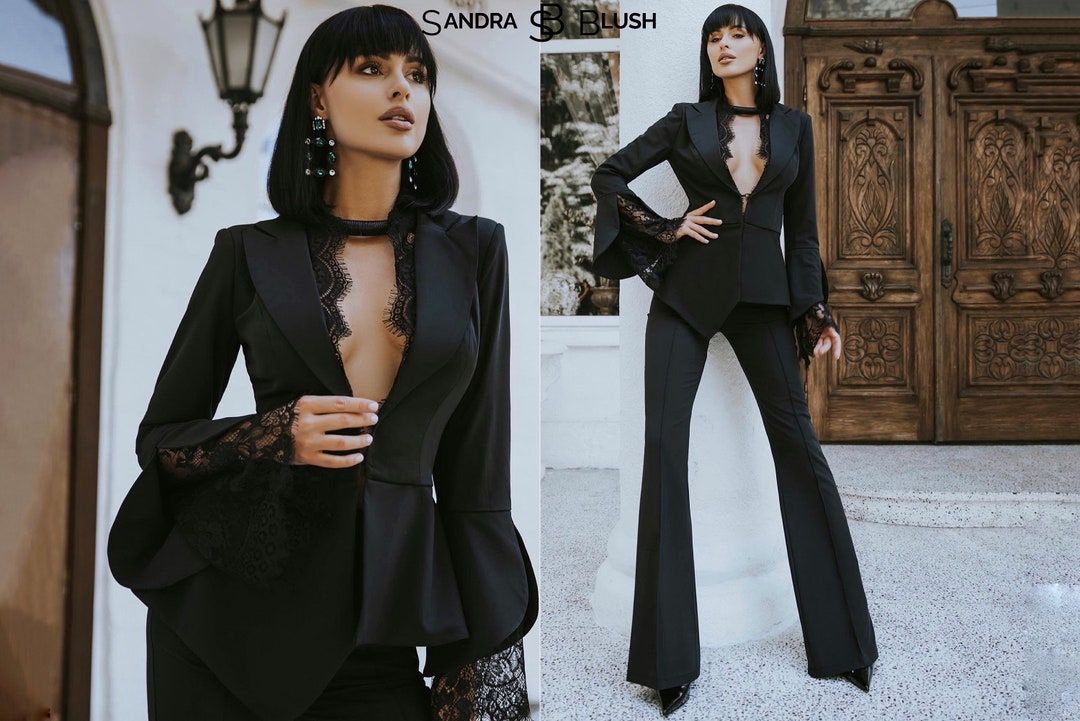 Black Women's Formal Evening Pantsuit With Deep V Blazer Fitted Decorated  With French Lace and High Waisted Flared Pants. Rehearsal Dinner 