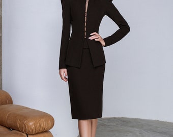 Black 2-piece Formal Midi Pencil Skirt Suit and Deep V Elongated