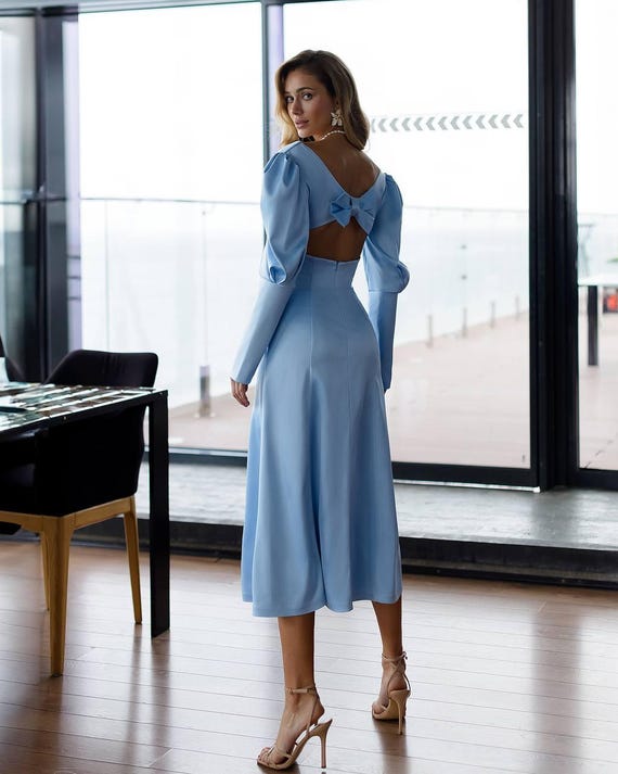 blue bow dress Portia and Scarlett PS24028 Short Bubble Hem Back Homecoming  The Dress Outlet Hand wash cold separately Light Blue Glitter Maxi Dress