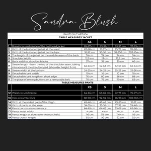 May include: A size chart for a women's jacket and pants. The chart shows measurements in inches for different sizes, including XS, S, M, and L. The chart includes measurements for the bust, waist, hips, shoulder width, sleeve length, and more.