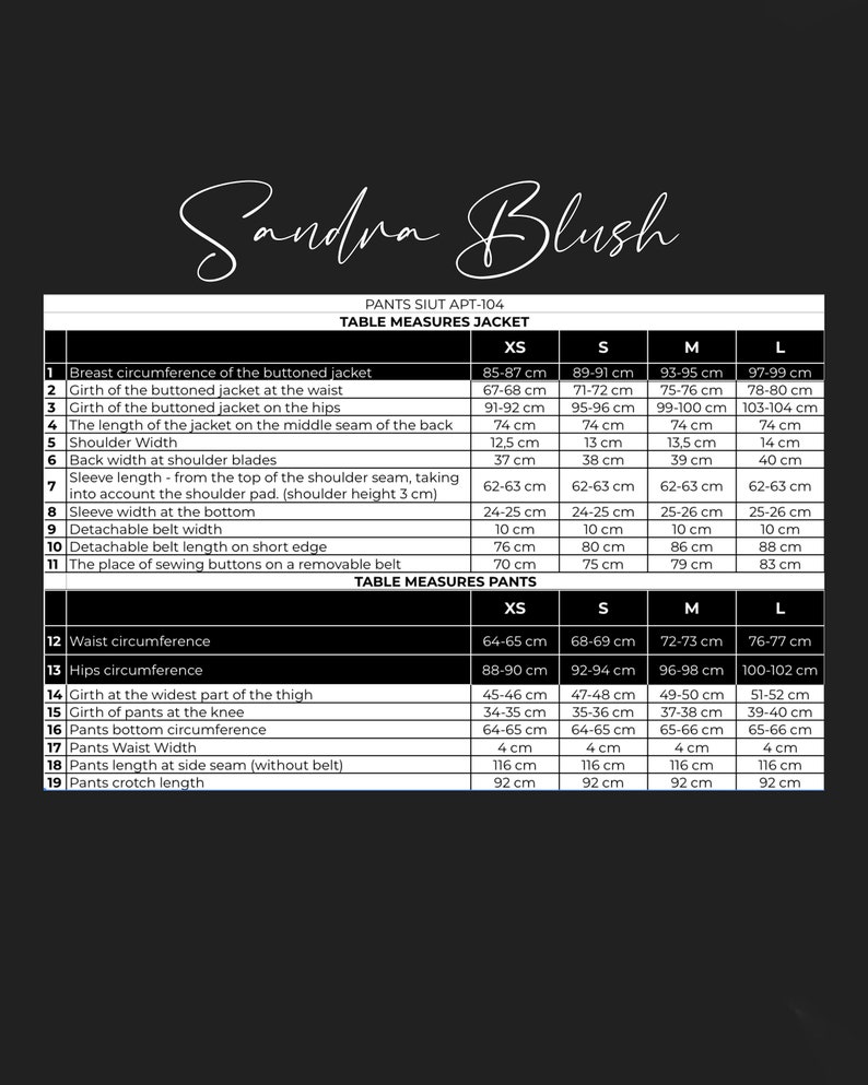 May include: A size chart for a women's jacket and pants. The chart shows measurements in inches for different sizes, including XS, S, M, and L. The chart includes measurements for the bust, waist, hips, shoulder width, sleeve length, and more.