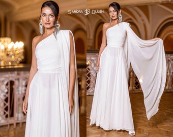 White Bridal Chiffon Maxi Dress One Shoulder, Elegant Wedding Gown, Flowing Ceremony Dress, Minimalist Bride Outfit, Long Formal Dress