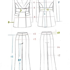 May include: A line drawing of a blazer and pants pattern with measurements in inches. The blazer has a double-breasted closure and a belt. The pants have a center front seam and a wide leg.