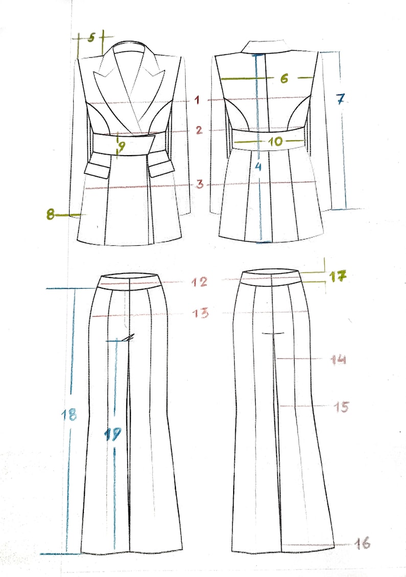May include: A line drawing of a blazer and pants pattern with measurements in inches. The blazer has a double-breasted closure and a belt. The pants have a center front seam and a wide leg.