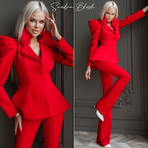 Red Women’s Formal Evening Pantsuit With Deep V Blazer, Peplum Blazer, Red Women’s Suit, Dressy Red Suit, Red Suit For Women, Formal Suit