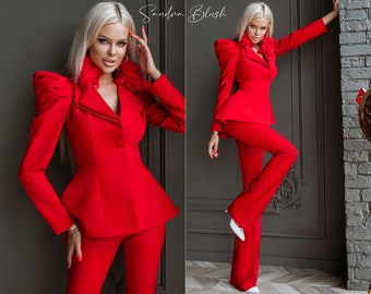 Red Women’s Formal Evening Pantsuit With Deep V Blazer, Peplum Blazer, Red Women’s Suit, Dressy Red Suit, Red Suit For Women, Formal Suit