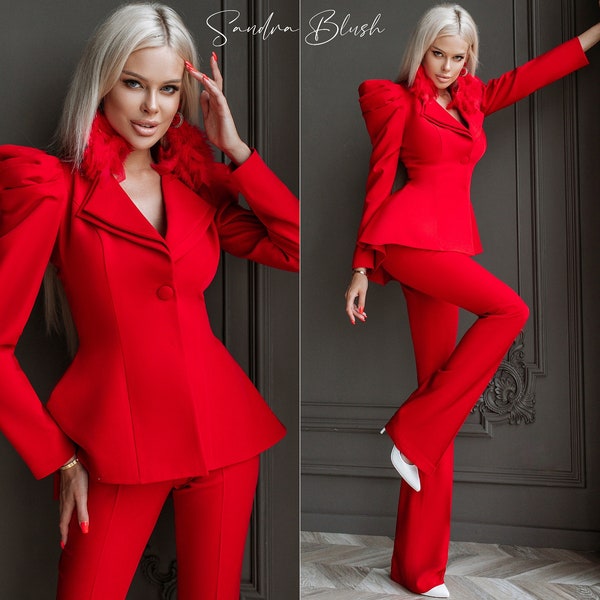 Roter formeller Abend-Hosenanzug für Frauen mit tiefem V-Blazer, Schößchen-Blazer, roter Damenanzug, eleganter roter Anzug, roter Anzug für Frauen, formeller Anzug