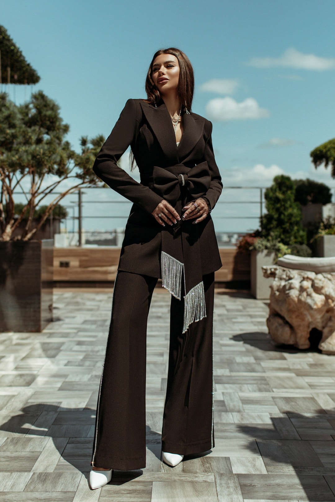Long Sleeve Rhinestone Bow Two-piece Set Suit Black