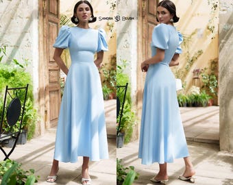 Modest Light Blue Maxi Dress | Puff Sleeve Gown with Flared Skirt & Closed Neckline | Elegant Soft Blue Dress for Special Occasions