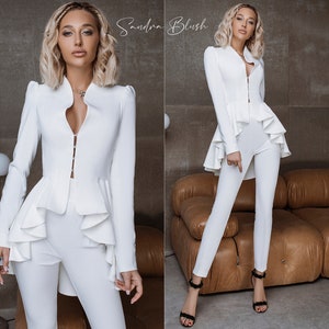 White 2-Piece Formal Pantsuit For Woman With Peplum Deep V Jacket And High Waisted Skinny Pants, Ruffle Blazer Trouser Suit. Bridal Suit