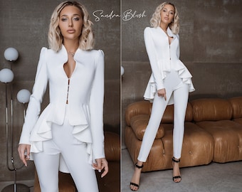 White 2-Piece Formal Pantsuit For Woman With Peplum Deep V Jacket And High Waisted Skinny Pants, Ruffle Blazer Trouser Suit. Bridal Suit