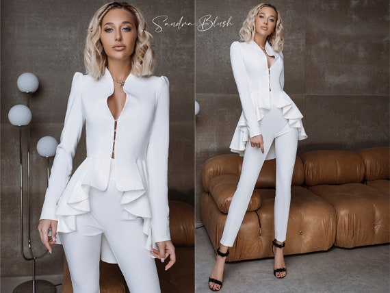 White Women's Formal Bridal Pantsuit With Deep V Blazer Fitted Decorated  With French Lace and High Waisted Flared Pants. Rehearsal Dinner -   Canada