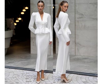 White Satin Blouse and Skirt Set, Minimalist Two Piece Outfit, Chic White Set, Elegant Special Occasion Look