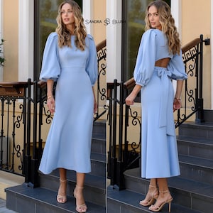 Blue Delicate Feminine Midi Dress | Elegant Mid-Sleeve Gown with Soft Open Back | Romantic Outfit for Special Occasions & Chic Everyday Wear