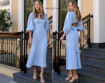 Blue Delicate Feminine Midi Dress | Elegant Mid-Sleeve Gown with Soft Open Back | Romantic Outfit for Special Occasions & Chic Everyday Wear