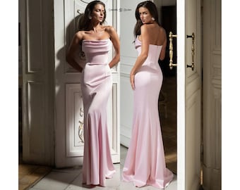 Pink Satin Evening Gown, Romantic Off Shoulder Dress, Pink Mermaid Formal Gown, Draped Corset Dress, Feminine Luxury Occasion Dress