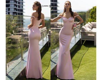 Pink Bridesmaid Dress Women, Satin Mermaid Gown, Elegant Off Shoulder Dress, Formal Bridesmaid Dress, Wedding Party Gown