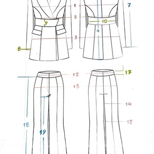May include: A line drawing of a blazer and pants pattern with measurements in inches. The blazer has a double-breasted closure and a belt. The pants have a center front seam and a wide leg.