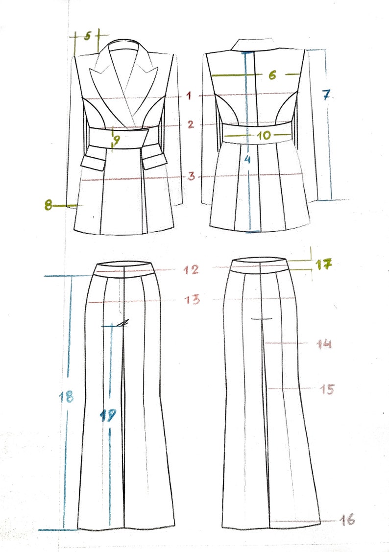 May include: A line drawing of a blazer and pants pattern with measurements in inches. The blazer has a double-breasted closure and a belt. The pants have a center front seam and a wide leg.