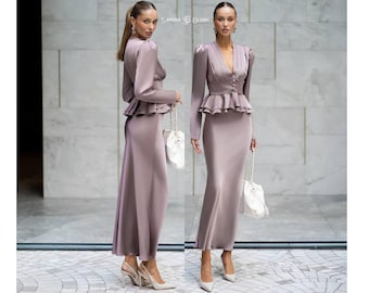 Light Brown Satin Blouse and Skirt Set, Warm Brown Fall Outfit, Earth Tone Two Piece Set, Autumn Women's Fashion