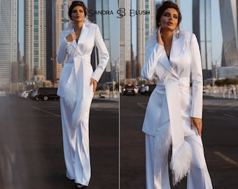 White Satin Wedding Pantsuit, Feathers Straight Wide Pants, Long Sleeves, V-Neck Blazer, Bridal Oversized Suit And Classic Blazer With Belt.