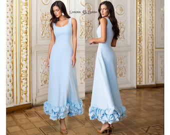 Summer Cocktail Midi Dress, Blue Elegant Dress Women, Flowy Midaxi Occasion Dress, Chic Summer Outfit