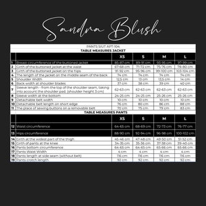 May include: A size chart for a women's jacket and pants. The chart shows measurements in inches for different sizes, including XS, S, M, and L. The chart includes measurements for the bust, waist, hips, shoulder width, sleeve length, and more.
