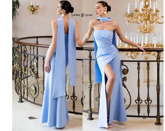Blue Maxi Dress, Off Shoulder Evening Gown, Blue Formal Dress, Scarf Cape Dress, Elegant Wedding Guest Dress, Luxury Gown