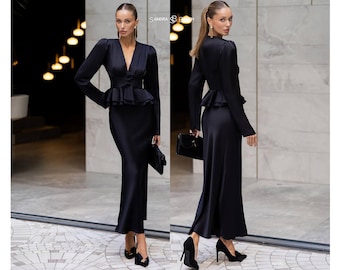Black Satin Blouse and Skirt Set, Women's Office Outfit, Professional Workwear Set, Business Two Piece Outfit