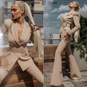 Beige Pants Suit, Beige Women&#39;s Pantsuits, Beige Suit Set, Formal Suit, Business Suit, Birthday Suit, Flare Pant Suit, Flared Suit Pants