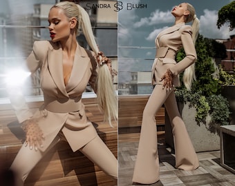 Beige Pants Suit, Beige Women&#39;s Pantsuits, Beige Suit Set, Formal Suit, Business Suit, Birthday Suit, Flare Pant Suit, Flared Suit Pants