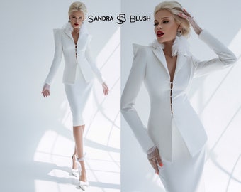 White Wedding Skirt Suit For Bride, Bridal Skirt Suit, Elegant Skirt Suit For Wedding, White Skirt Suit, Bridal Skirt Suit, Midi Skirt Suit