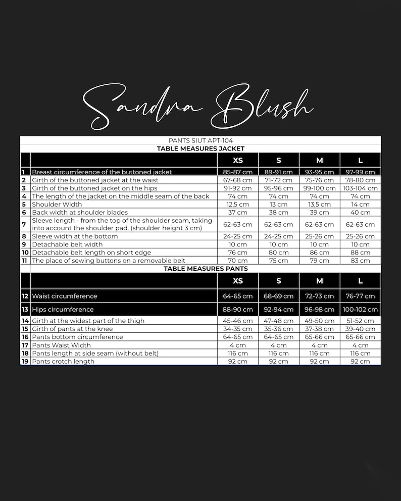 May include: A size chart for a women's jacket and pants. The chart shows measurements in inches for different sizes, including XS, S, M, and L. The chart includes measurements for the bust, waist, hips, shoulder width, sleeve length, and more.
