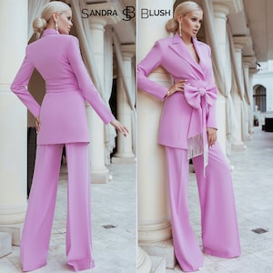 Pink Suit Women, Pink Suits for Women, Pink Trouser Suits for Women, Wide Leg Suits. Suit with Crystals, Crystals Suits, Two-Piece Pink Suit