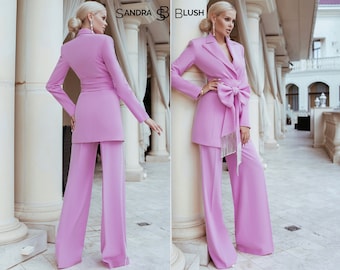 Pink Suit Women, Pink Suits for Women, Pink Trouser Suits for Women, Wide Leg Suits. Suit with Crystals, Crystals Suits, Two-Piece Pink Suit