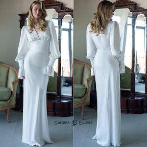 White Evening & Going Out Maxi Dresses | Formal Long Sleeve Gown | Elegant V-neck Semi-Formal Atlas Maxi Dress | Simple Chic Evening Outfit