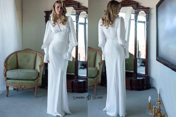 White Evening & Going Out Maxi Dresses | Formal Long Sleeve Gown | Elegant V-neck Semi-Formal Atlas Maxi Dress | Simple Chic Evening Outfit