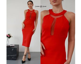 Red Bodycon Midi Dress, Sexy Cocktail Dress, Elegant Red Evening Dress, Fitted Party Dress, Shaping Midi Dress