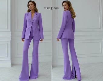 Women’s Lilac Pantsuit, Elegant Blazer and Flared Trousers Two Piece Set, Bridesmaid Outfit, Wedding Guest Suit, Evening Formal Pantsuit