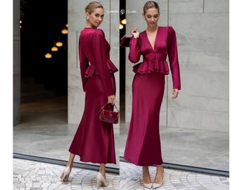 Burgundy Satin Blouse and Skirt Set, Romantic Two Piece Outfit, Wine Red Evening Look, Statement Women's Set