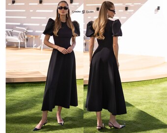 Black Midi Dress, Classic Puff Sleeve Dress, Black Formal Dress, Elegant Evening Outfit, Modest Black Dress, Sophisticated Occasion Wear