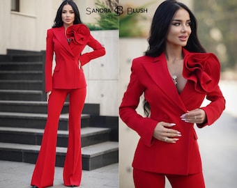 Women's Red Suit, Red Formal Pantsuit For Women, Red Pant Suit,  Flared Suit Pants in Red, Red Flared Pants, High Waist Pant Suit, Red Suit