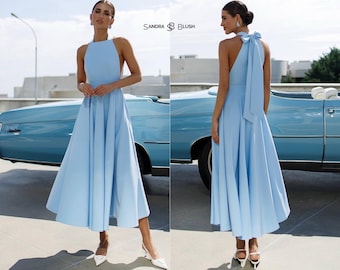Light Blue Summer Dress, Extended Midi Dress with Circle Skirt and Open Back, Airy Sleeveless Outfit for Summer Parties and Vacations