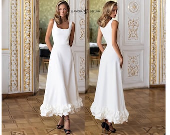 White Midi Dress Civil Wedding Dress Minimalist Bridal Dress Elegant Bride Dress Courthouse Wedding Dress Simple Wedding Dress