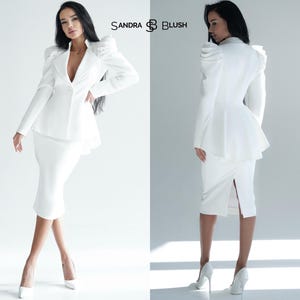 Peplum Blazer And Skirt For Wedding, Skirt Suit, Women Skirt Suit, White. Skirt Suit For Wedding, White Peplum Blazer, Bridal Skirt Suit