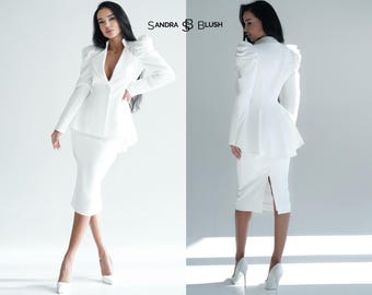 Peplum Blazer And Skirt For Wedding, Skirt Suit, Women Skirt Suit, White. Skirt Suit For Wedding, White Peplum Blazer, Bridal Skirt Suit